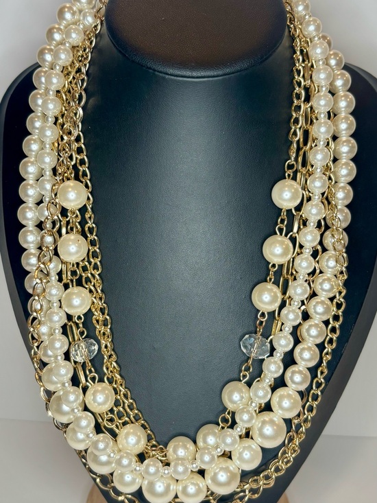 Jewelry - Multi Strand Faux Pearl Necklace w Gold Tone Chains Layering Statement 21.5”
